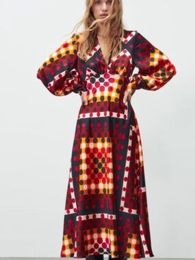 Zara Polka Dot Midi Dress in Red, Black & Gold